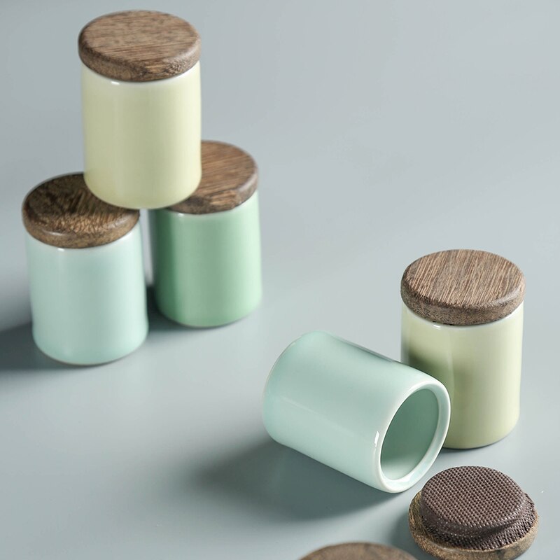 Longquan Celadon Tea Cans Small Portable Mini Tea Box Japanese Style Ceramic Sealed Tea Pot Wooden Lid Tea Set Metal Cover