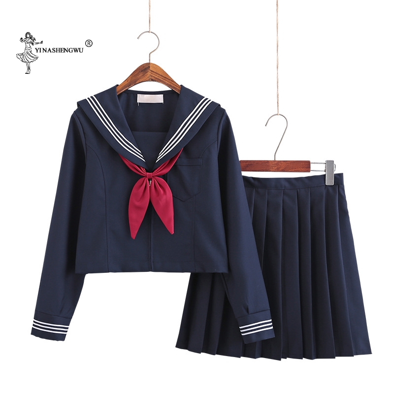 Navy blue JK uniform Autumn Summer Short/long Sleeve Japanese School Uniforms For Girls Sailor Pleated Skirt JK Sets Uniform