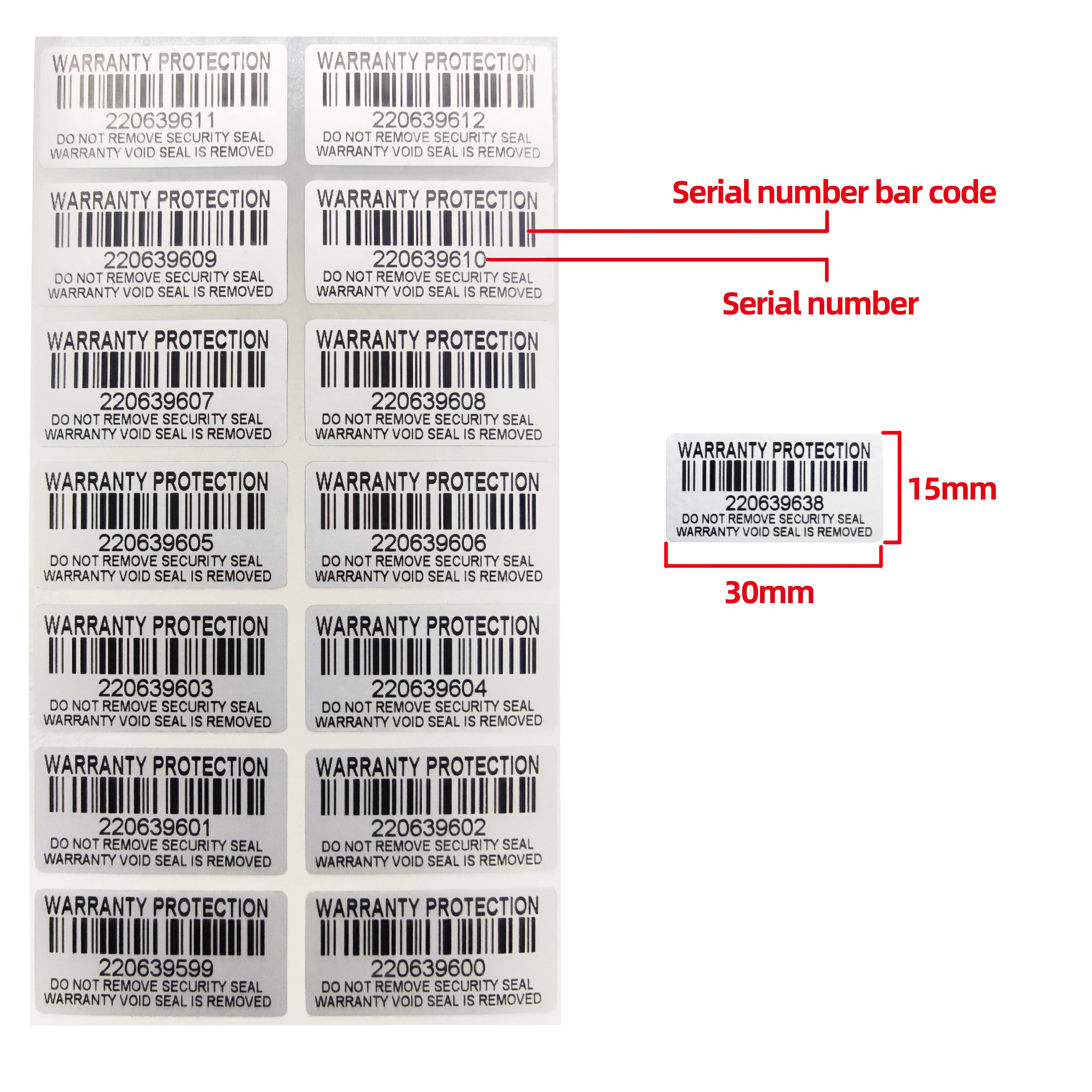 100pcs Silver Warranty Protection Sticker (30mm x 15mm) Safe Seal Anti-tamper Warranty invalid Serial number label sticker