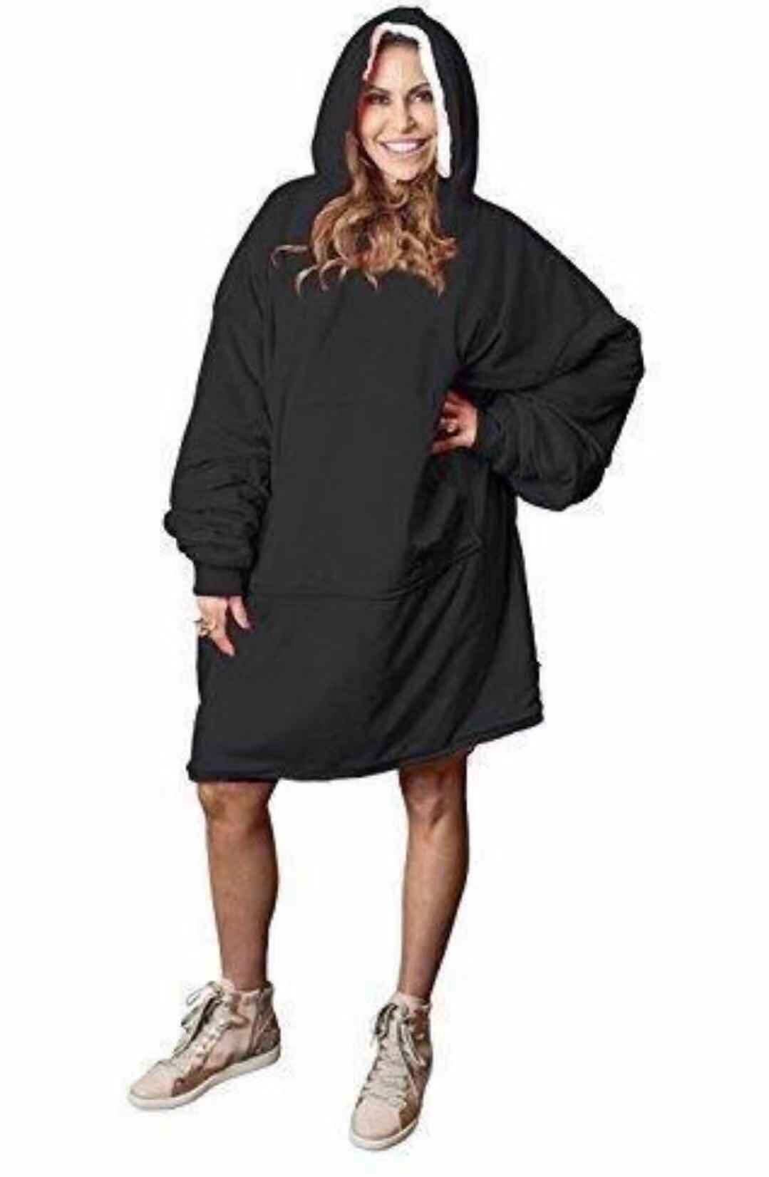 Vinter kvinder hættetrøje varm lomme tæpper udendørs hættetrøje frakker skrå kappe plys badekåbe overdimensioneret sweatshirt casaco feminino: Sort