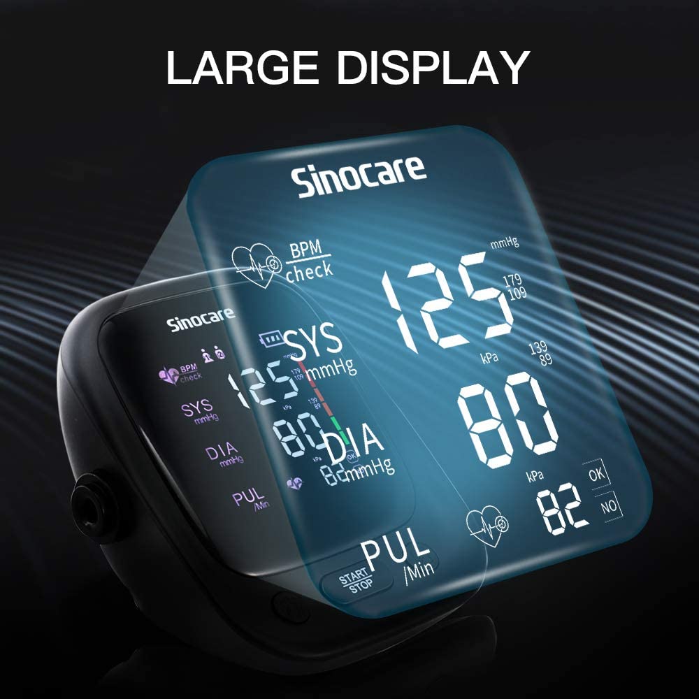Sinocare blodtryksmåler tensiometer overarm automatisk digital bp maskine puls pulsmåler lcd display
