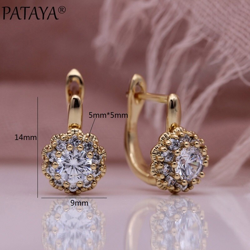 PATAYA White Natural Zircon Dangle Earrings 585 Rose Gold Petal Cute Earrings Micro-wax Inlay Women Party Jewelry