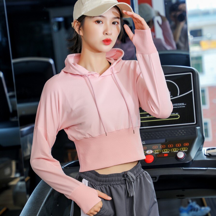 Women Hooded Short Sweatshirt Breathable Comprehensive Training Shirts Winter Warm Outdoor Sports Sweatshirt Solid Color Shirts: M / Pink