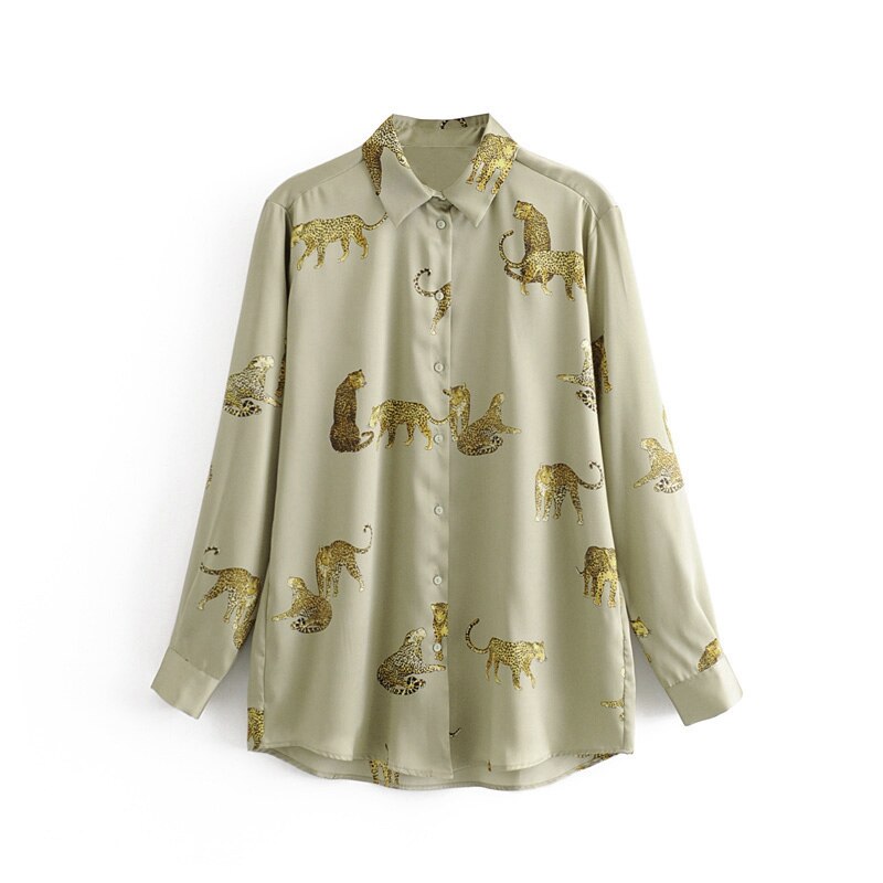 Retro överdimensionerad blus med djurtryck för kvinnor lös casual gröna gula blusar kvinnliga skjortor: Grön / Xs