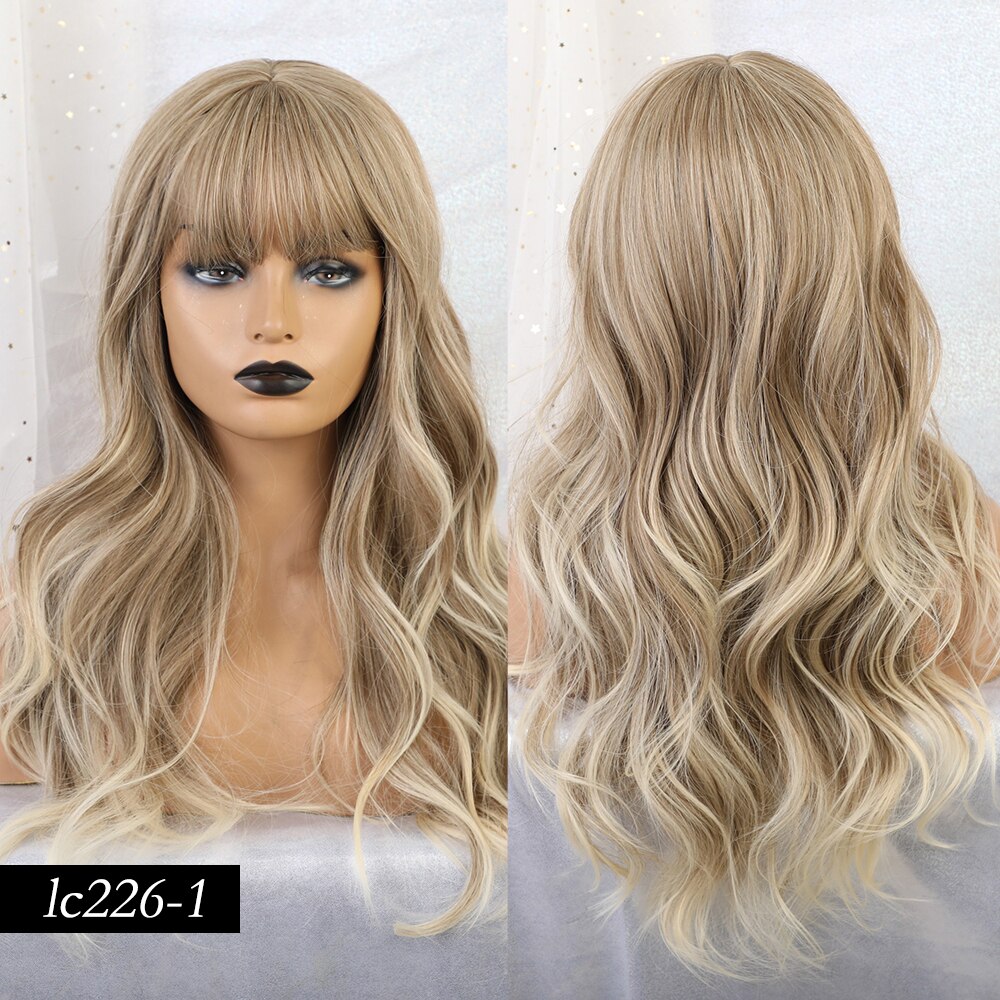 Peluca rubia larga de color marrón con ondas naturales sintéticas y flequillo para fiestas o uso diario