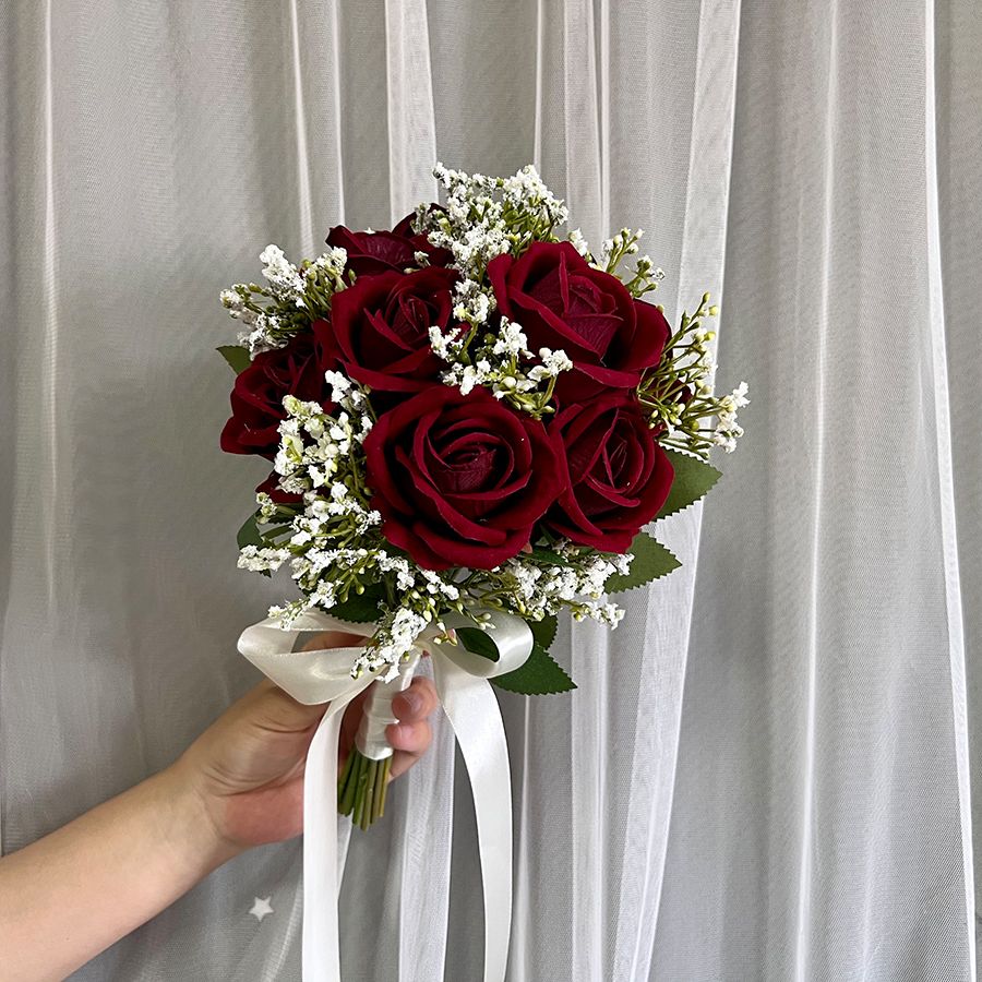 Künstliche Rosen Blumenstrauß Brautstrauß Burgund & Weiß für rustikale Kirche Boho Hochzeit Mittelstücke les fleurs de marie