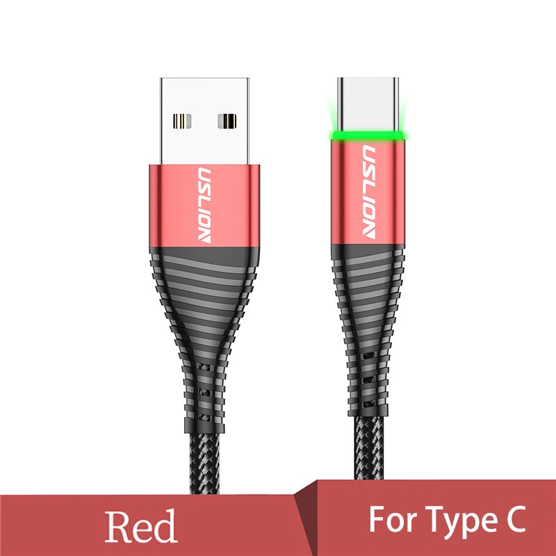 USLION USB Type C LED Fast Cable For Samsung S10 S9 Redmi note 8 pro Phone 3A Fast Charging USB-C Charger Wire Charger Data line: Red