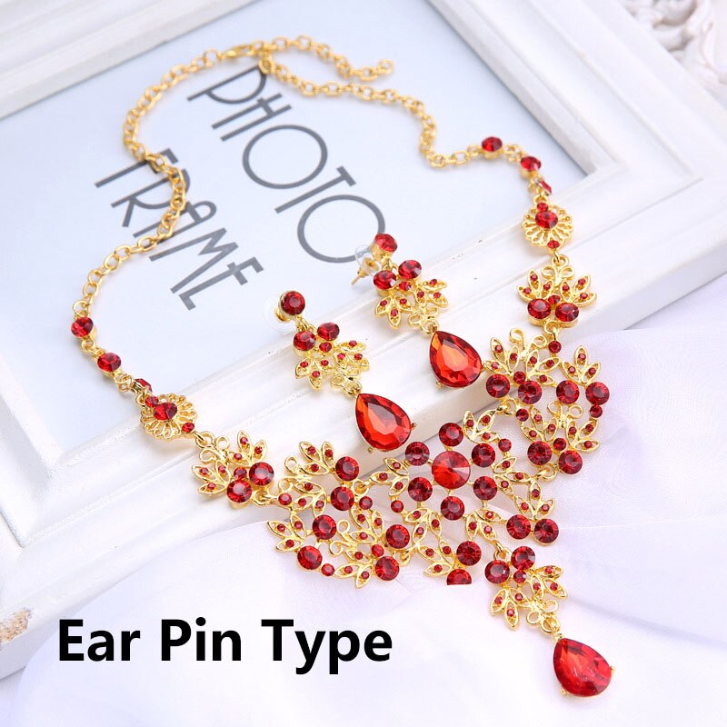 Wedding Jewelry Necklace Set Red Crystal Rhinestone Necklaces Red Bridal Jewelry Sets White Ear Cuff Clip on Earrings XL005