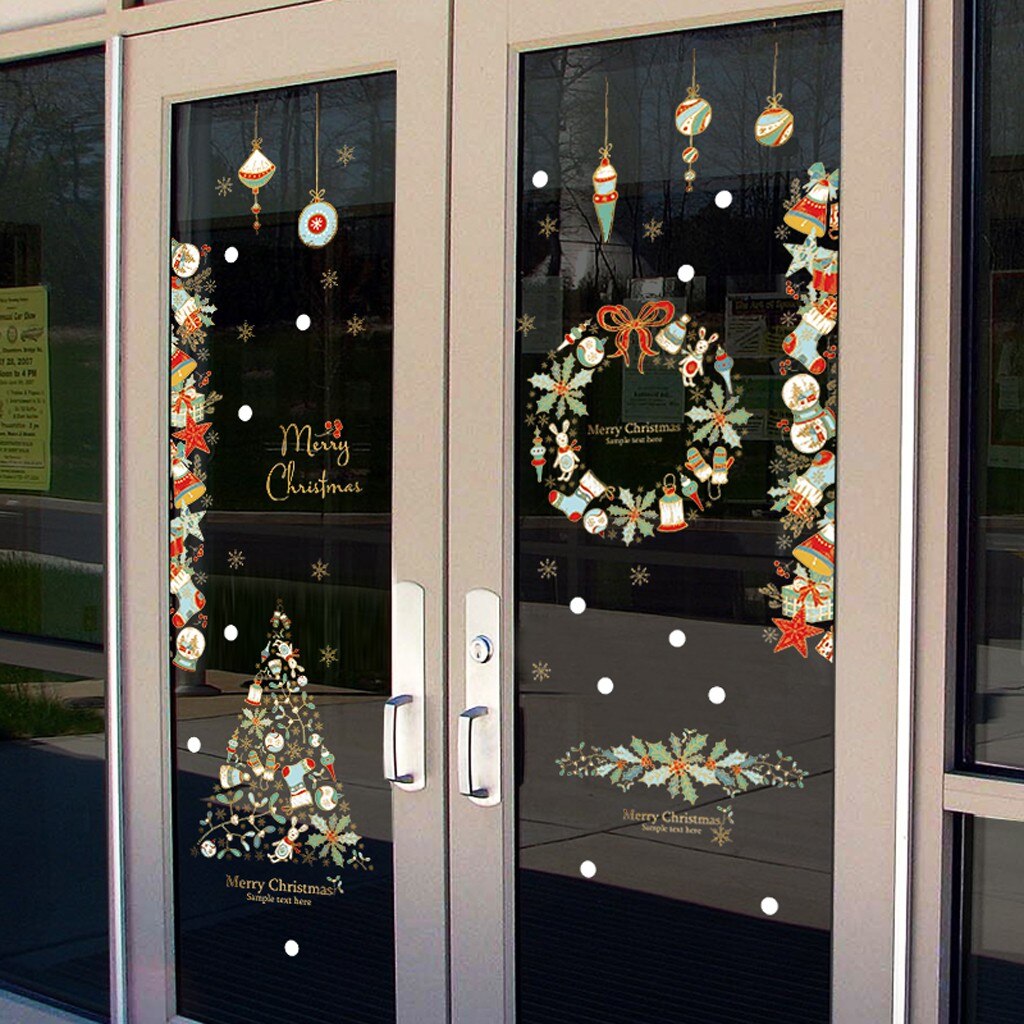 Christmas Printed Wall Sticker Wreath Christmas Tree Household Window Room Wall Sticker Mural Decor Decal Removable Window Decor