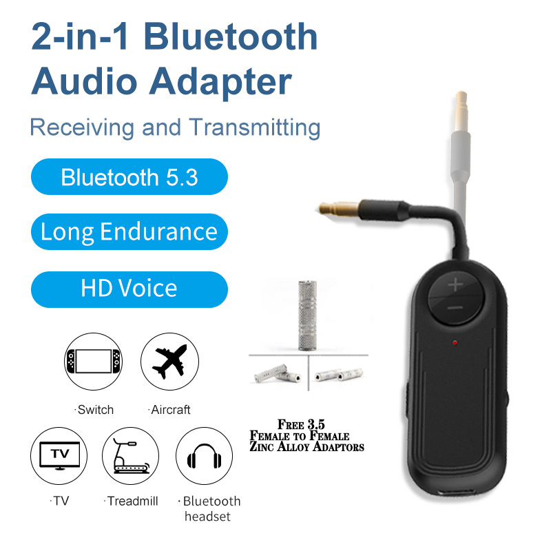 Trasmettitore ricevitore audio Bluetooth 5.3 3.5MM AUX con microfono Adattatore wireless per musica stereo per autoradio Cuffie PC TV Altoparlante: Black