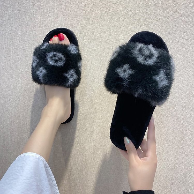 platform slides with fur slippers summer shoe women furry slides sandals women womens shoes woman fluffy sliders schoenen: Black / 8.5