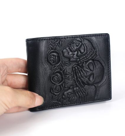Punk Style Rose Ghost Head Embossed Wallet for Men Gothic Black Leather Wallet Short Vintage Skull Men's Wallet Purse: horizontal black