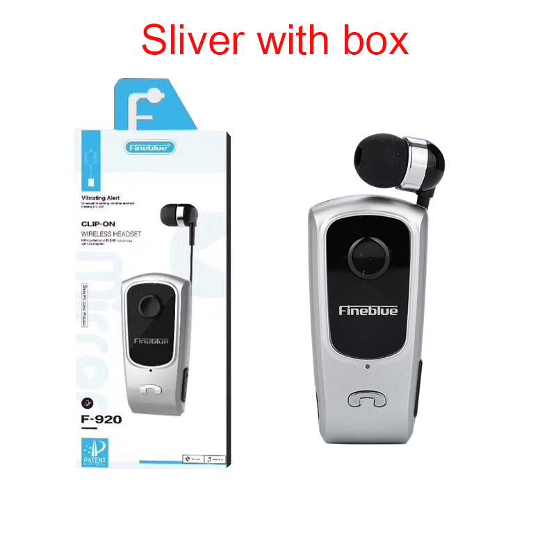 FineBlue F920 Retractable Wireless Bluetooth Earphones Handsfree Headset Stereo Headphone Clip Mic Phone Call Portable: Sliver with box