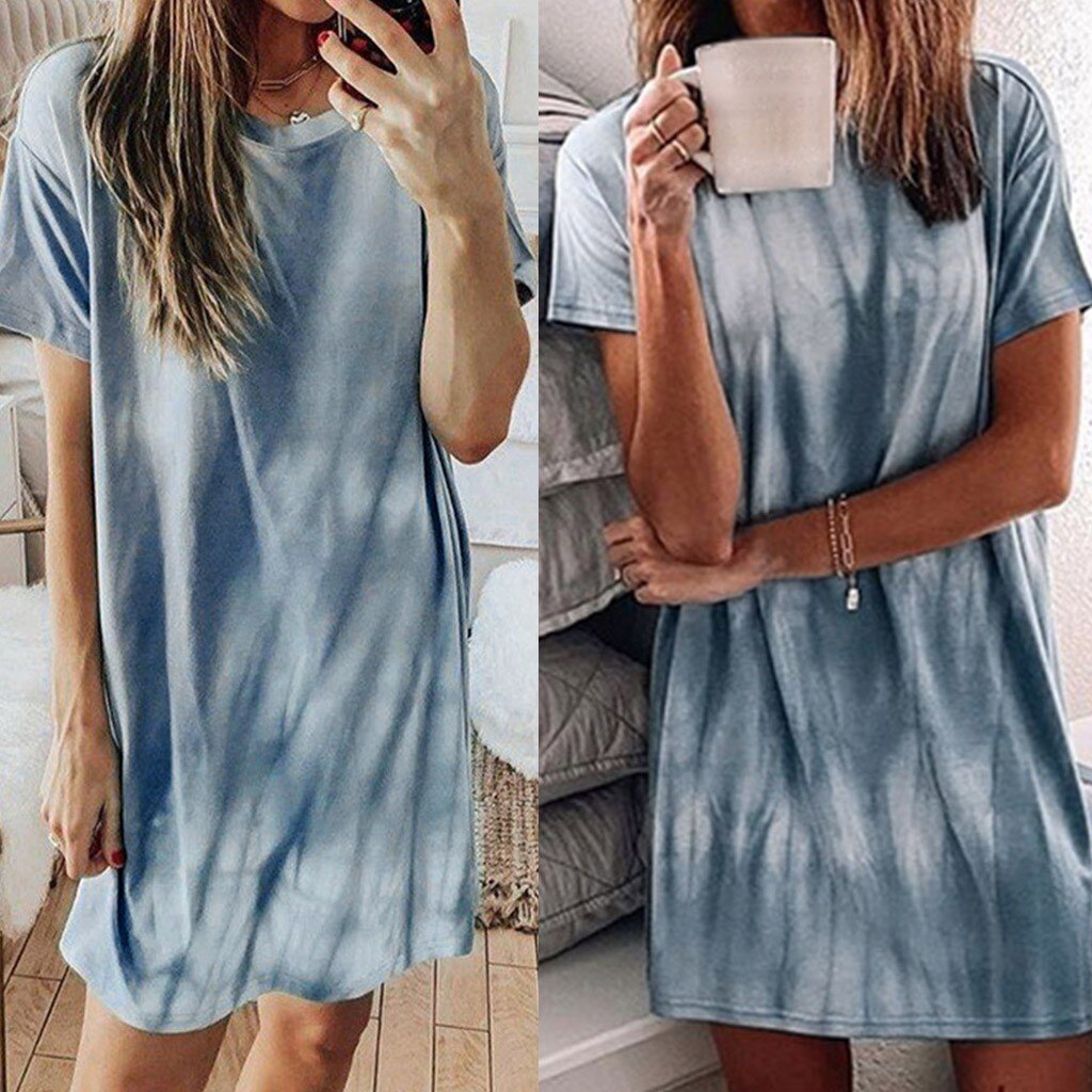 Gradiënt Afdrukken Losse Korte Jurk Thuis Kleding Vrouwen Korte Mouwen Lichtblauw Tie-Dye Jurk Mini Tennis Jurk