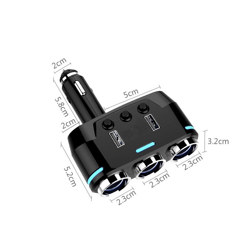 Podwójny Port USB 3 sposób gniazdo zapalniczki samochodowej rozgałęźnik ładowania przejściówka adapter DC 5V 1A + 2.1A gniazdo zapalniczki czarny dla