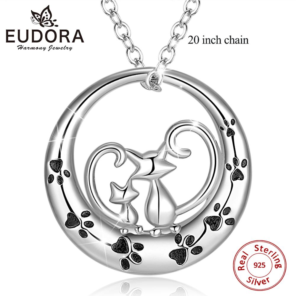 EUDORA 925 Sterling SIlver Couple Cat Necklace for Women Animal Pendant Jewelry Engagement party Jewelry Box D104: 20 inch chain