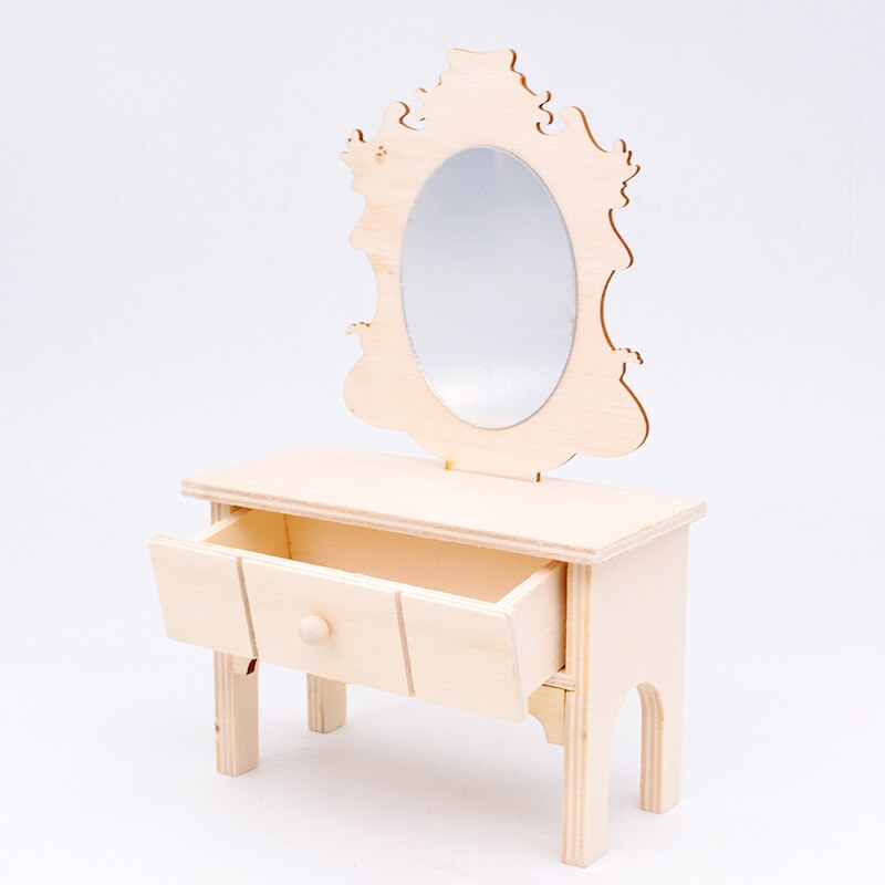 Håndlavet diy legetøj toiletbord opbevaringsboks børns træhvid blank diy håndmalet spejl model materiale: 5