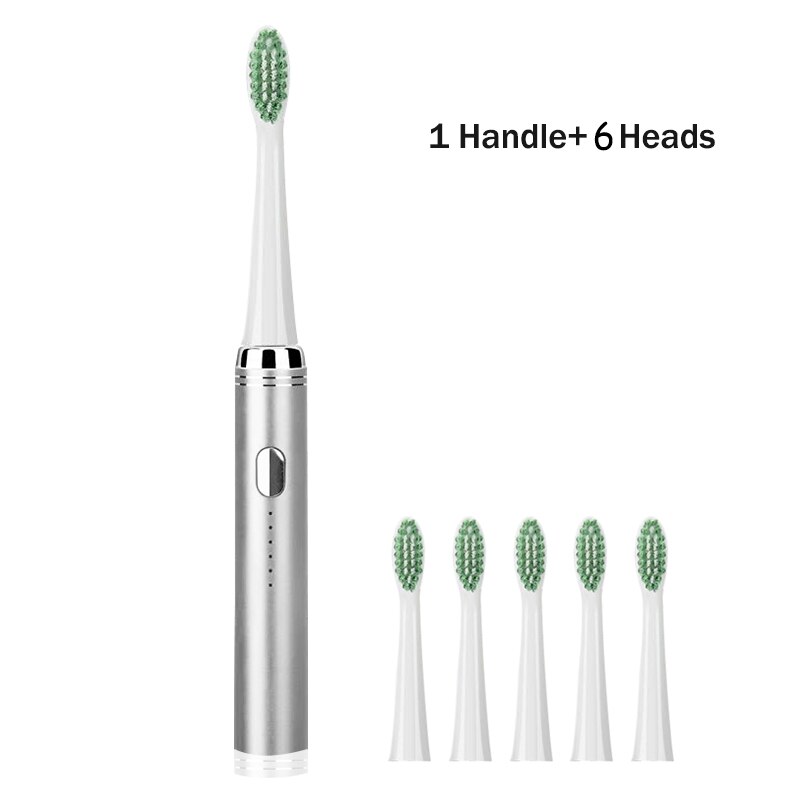 Ultrasonic Electric Toothbrush Adult Set Stainless Steel Waterproof Powerful Electric Toothbrush Sonic USB Charger Whitening: silver 6 heads