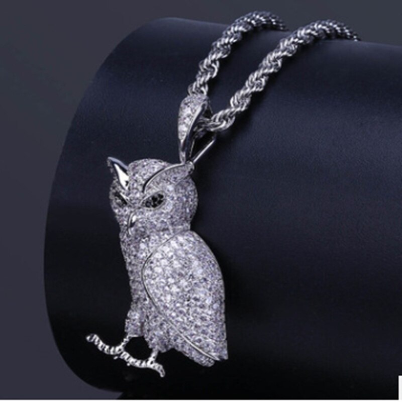 Collar de latón dorado con forma de búho para hombre, Micro almohada de circón cúbico de 24 pulgadas, cadena de abalorios de cuerda: silver