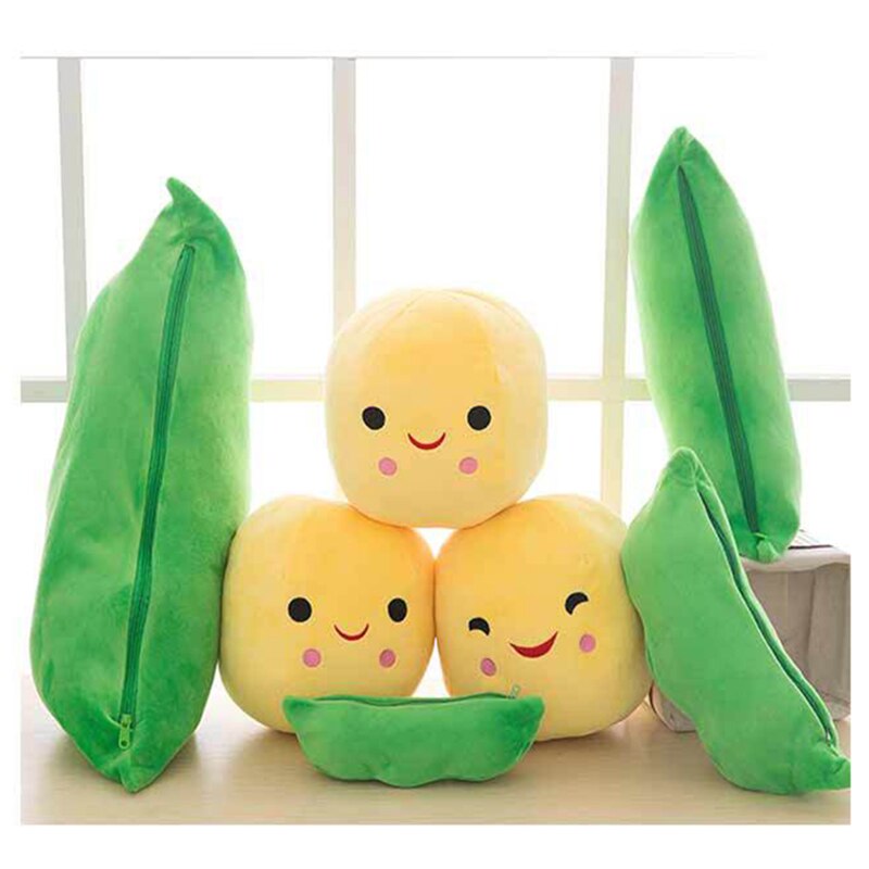 Joli sac de haricot en peluche en forme de gousse de pois avec 3 haricots souriants oreiller doux décoration de la maison FP8