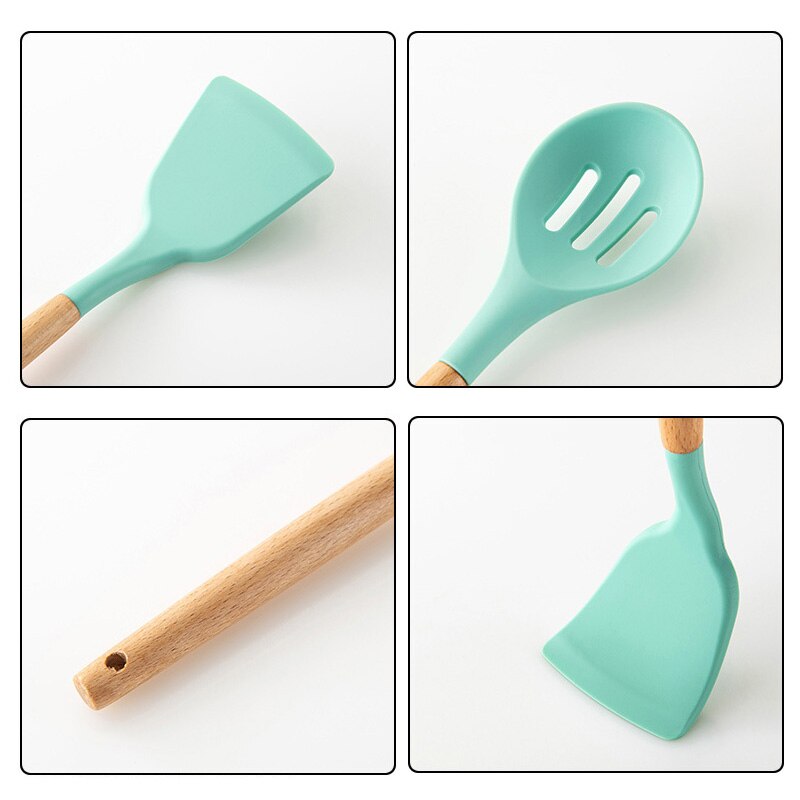 Kitchenware Set Kitchen Utensils Green 11 Piece Set Of Wooden Handle Silicone Nonstick High Temperature Silicone Spatula