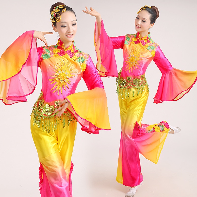 Kostuum chinese Oude Traditionele Plus Size Jurk Chinese Yangko Dans Kostuum Volksdans Kostuum Fan kostuums