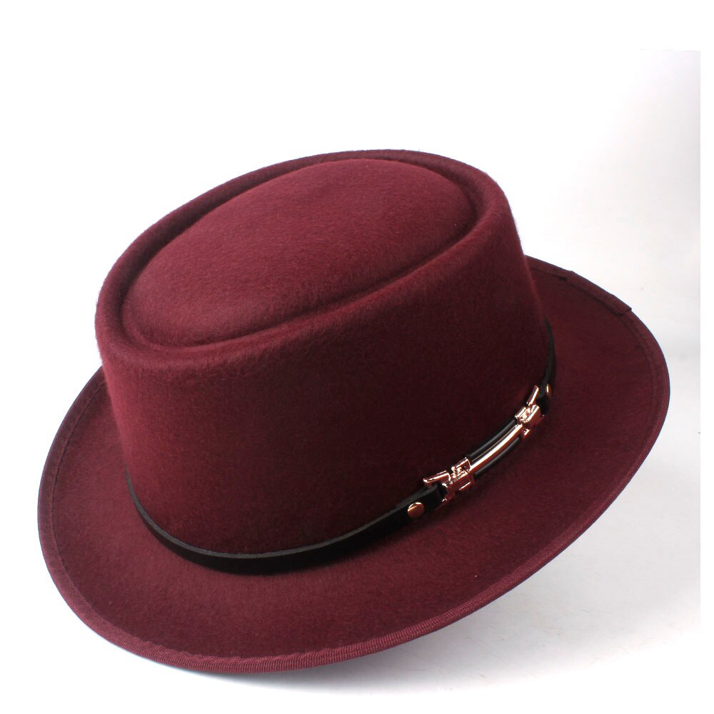 Männer Frauen Wolle Schweinefleisch Kuchen Hütte Mit Leder Gürtel Ich bin Freien Beiläufigen Hütte Panama Kirche Hütte Flache Fedora Jazz Hütte Größe 58CM: Wein rot