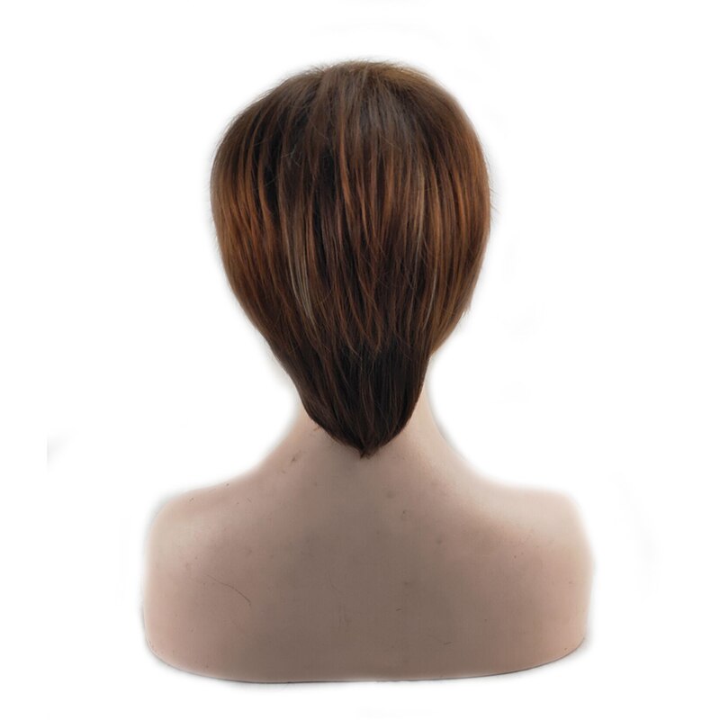 HAIRJOY Women Straight Bangs Style Pixie Cut 14inch Synthetic Hair Wig Brown Mixed Short Natural Wigs