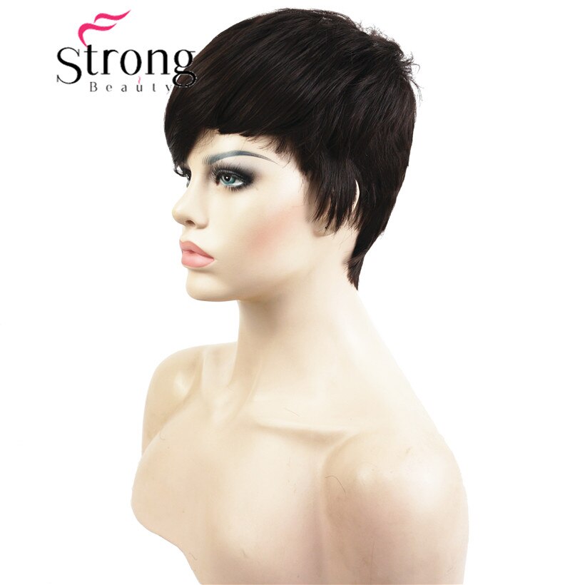 Peluca corta StrongBeauty, pelucas totalmente sintéticas asimétricas de explosión lateral, opciones de color negro y rojo: 6 Chestnut Brown