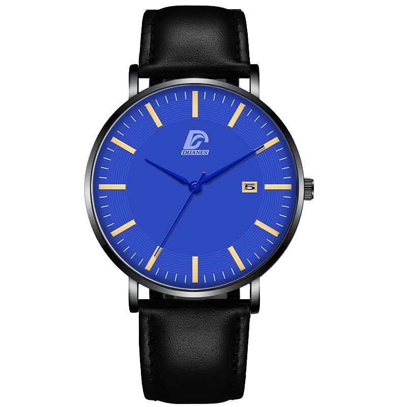Dijanes miesten business minimalistiset kellot ultraohut ruostumaton teräsverkko vyö analoginen kvartsi rannekello reloj hombre: Nahka musta sininen