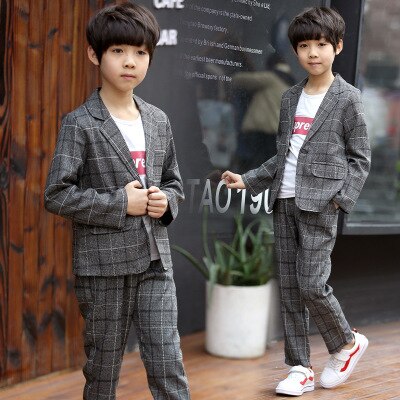 5-10 år gammel smuk dreng babydragt efterårstøj store børn plaid jakkesæt todelt børnetøj