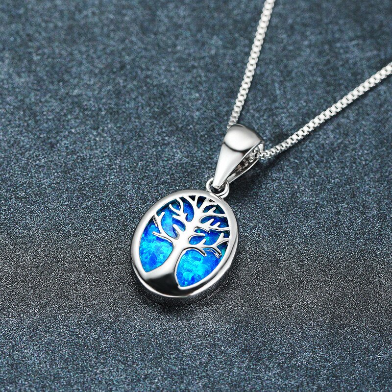 Geometrisk livstræ vedhæng halskæde blå opal sten bryllup halskæde 925 sterling sølv kæde halskæder til kvinder smykker