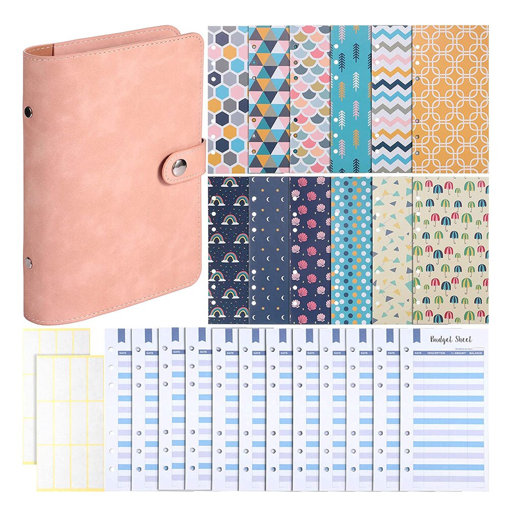 49 Stuks A6 Pu Lederen Notebook Bindmiddel Omvat 6 Ringen Bindmiddel Cover 12 Budget Enveloppen Systeem 12 Kosten Budget Lakens: A6 -Pink