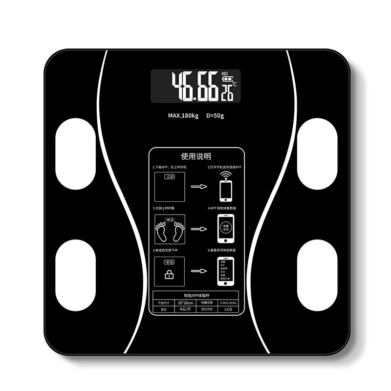 Vægt skala kropsfedt skala smart trådløs digital vægt skala kropssammensætnings analysator med smartphone app bluetooth: Sort