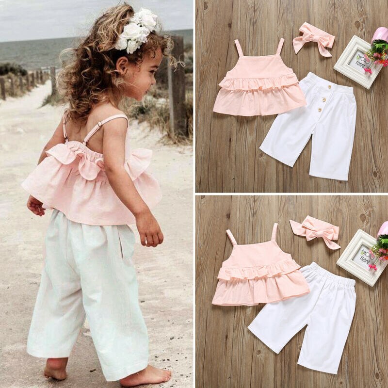 2020 Nuovo 3PCS Bambini Del Bambino Del Bambino Della Ragazza Ruffle Sling Magliette e camicette Pantaloni Leggings Abiti Prendisole 1-6 Anni