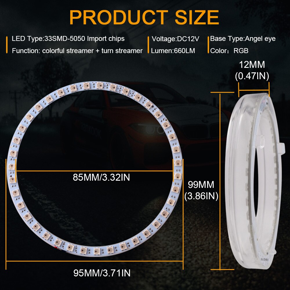 2 luces LED RGB de 80mm, 95mm, 5050, luces LED de colores con Ojos de Ángel, Control por aplicación Bluetooth, anillo Halo, intermitente automático para coche, faro delantero: 95mm RGB