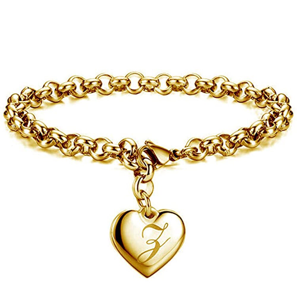 Bracelet avec lettres de l'alphabet en acier inoxydable, 26 lettres, breloque initiale, couleur or, pour femmes et filles, pour enfants: Z