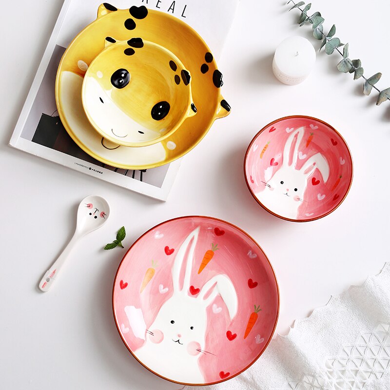Children's Plate Set Of Rabbite Giraffe Baby Plate Dishes Ceramic Dineerware Set For Kids Bowl Plate Children's Cutlery