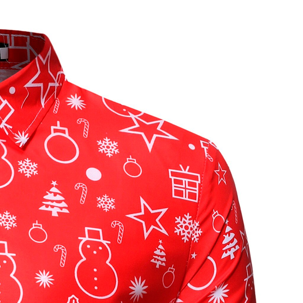 Feitong Christmas Shirt Men Casual Christmas Animal Printed Long Sleeves Red Shirts Top Blouses