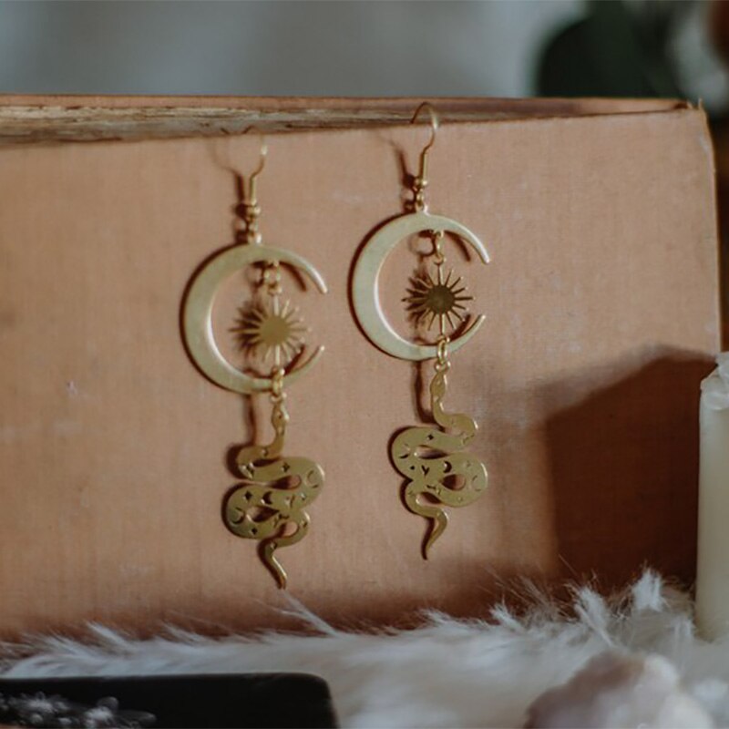 Celestial snake Crescent moon earrings Snake jewelry Witch earrings Enchanted jewellery Unusual Long earrings Witchy vibes