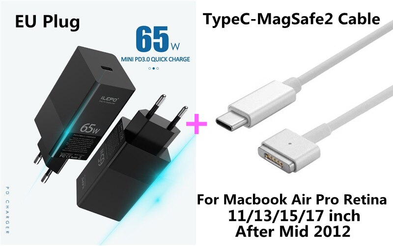 Travel 65W GaN USB C PD MagSaf* Power Adapter Fast Smart Mobile Phone Quick Charger For Laptop Macbook iphone Xiaomi Huawei: EU With MagSafe2