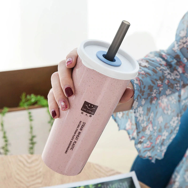 Portable Wheat Straw Cup with Straws Multi-Functional Double Lid Cola Coffee Plastic Cup Drinking Cup