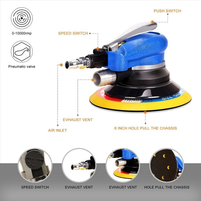 150mm 6 tums luftslipmaskin orbital slumpmässig handflata dubbelverkande tryckluftsslipverktyg +12 st slipskiva papper us plug