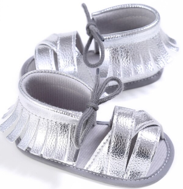 Merk zomer baby kwastjes sandalen zachte zool leren schoenen baby jongen meisje peuter effen kleur sandalen 0-18m: Zilver / 3