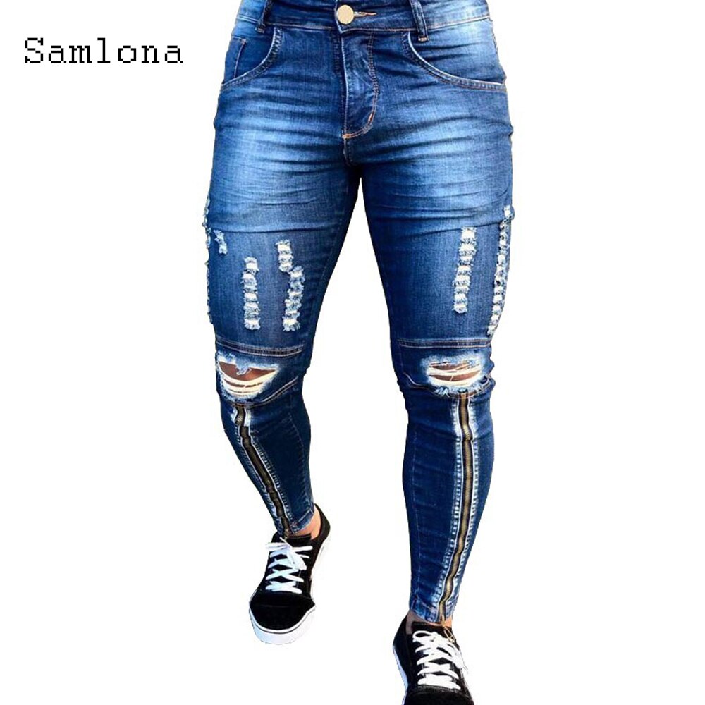 Plus Size 3XL Men Jeans Denim Pants Spring Autumn Slim Bottoms Pant Hole Ripped Denim Jeans Pencil Trousers Mens clothing: Dark blue / XL