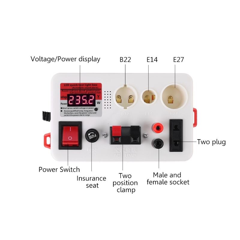 Caja de luz LED de prueba rápida, probador de potencia de voltaje para E27, B22, E14, bombilla con Zumbador
