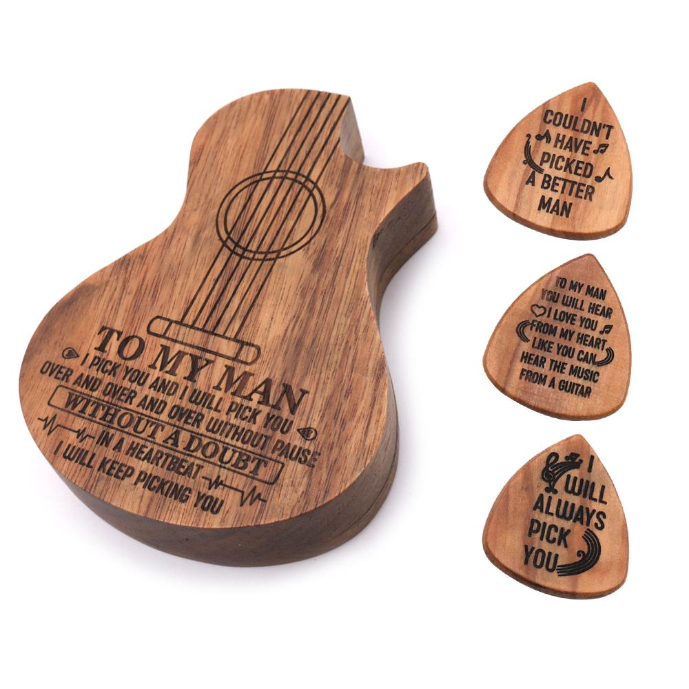Art guitar plukker med kasse jern guitar pick box holder samler med træ plukker guitar plukker guitar tilbehør: Type  d 3 valg