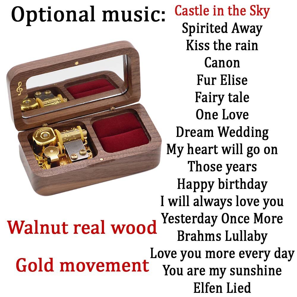 Sinzyo solid wood jewelry box ring music box for year Christmas wedding and birthday For Valentine's day: Walnut-Gold plated