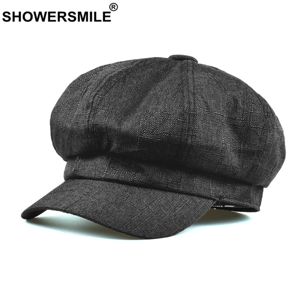 Showersmile bomuld linned nyhedsdreng hætte sommer beret hatte til kvinder britisk stil solid sort ottekantet hue damer bager dreng hat