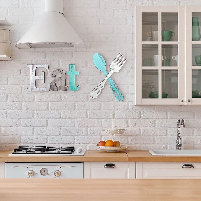 Set Of EAT Sign, Fork And Spoon Wall Decor, Cute Eat Letters For Kitchen And Home, Decorative Hanging Wooden Letters